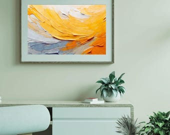 May include: Framed abstract art piece with a textured, impasto style. The artwork features bold strokes of yellow, orange, white, and gray paint. The painting is displayed in a wooden frame, adding a touch of warmth to the modern art.