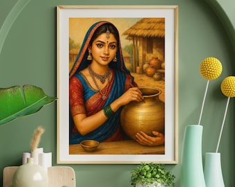 Indian Village Woman Art Print | Traditional Indian Wall Art | Rural Indian Painting | Ethnic Home Decor | Printable Digital Download
