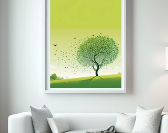 Green Tree Art Print | Minimalist Nature Landscape (Digital Download)