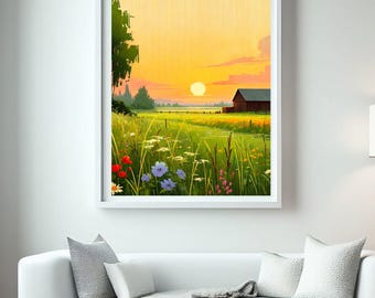 Sunset Meadow Landscape Print | Rustic Farmhouse Wall Art (Digital Download Bundle)