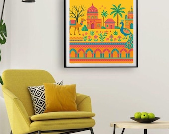 Rajasthan Village Art Print | Indian Folk Decor (Digital Download 20x20 Inch)