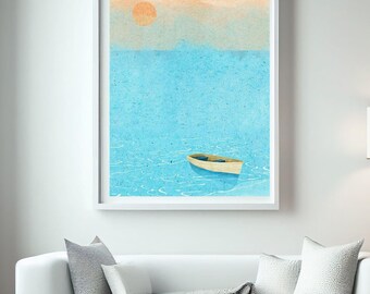 Minimalist Boat Art Print | Pastel Coastal Illustration (Digital Download)