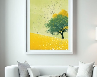 Yellow Field Landscape Art Print | Minimalist Nature Wall Decor (Digital Download)