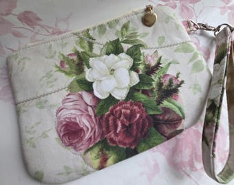 Fancy Victorian Rose and Floral Wristlet in Light Gray Single Sided