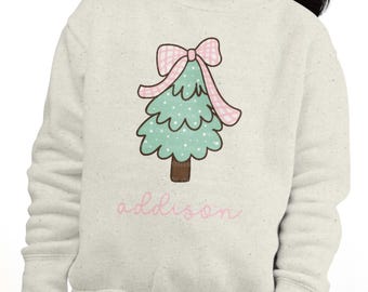 Personalized Toddler Girl Christmas Shirt | Toddler Pink Xmas Tree Bow | Custom Holiday Crewneck Kids | Girl Christmas Gift