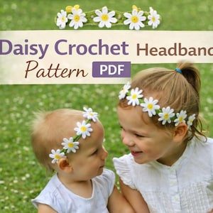 May include: Two young children wearing daisy crochet headbands. The headbands feature white daisies with yellow centers. The image includes the text "Daisy Crochet Headband Pattern PDF" in a banner across the top.