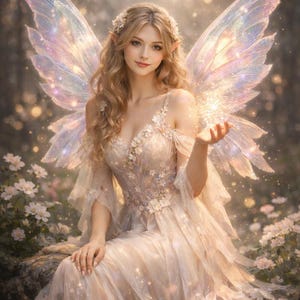 Op de afbeelding: Een digitale illustratie van een fee met blond haar, gekleed in een lichtgekleurde jurk versierd met bloemendetails. De fee heeft grote, iriserende vleugels en wordt omringd door zacht, gloeiend licht en witte bloemen, wat een magische sfeer creëert.