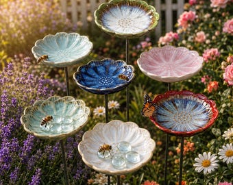 Station d'arrosage pour pollinisateurs fabriquée à la main en céramique, plat d'invité de jardin en céramique avec piquet, mangeoire pour oiseaux et tasse d'eau pour pollinisateurs