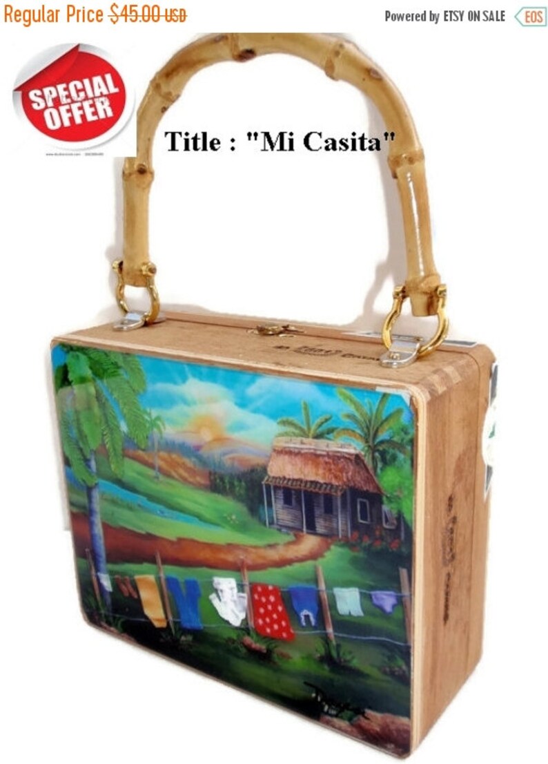 ON SALE .Exclusive Cigar Box Purse w/ Bamboo Handle. Five Etsy