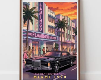 Póster del Lincoln Continental | Miami 1970 | Decoración de pared con coches clásicos