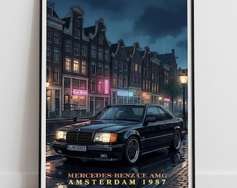Póster Mercedes CE AMG | Ámsterdam 1987 | Decoración de pared con coche clásico AMG
