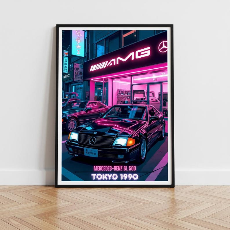Mercedes SL 500 Poster | AMG Tokyo 1990 | Retro-Wanddeko der 90er Bild 1