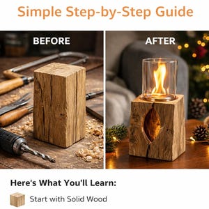 May include: A guide to making a wood candle holder. The image shows a wooden block before and after being transformed into a candle holder. The dimensions are 10 x 10 x 20 cm. The text says, "Start with Solid Wood."