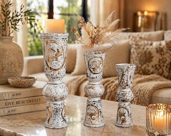 Set van 3 rustieke kandelaars, verweerde witgouden gesneden kandelaars, boerderij boho-decor