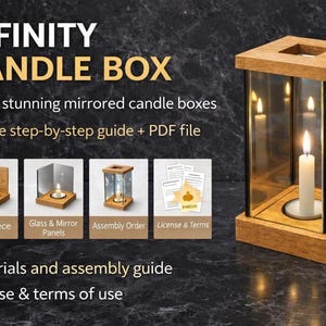 Może przedstawiać: Drewniane pudełko na świece ze szklanymi bokami i zapaloną świecą w środku. Tekst "INFINITY CANDLE BOX" znajduje się na górze. Obraz pokazuje również elementy i instrukcje dotyczące tworzenia lustrzanych pudełek na świece.