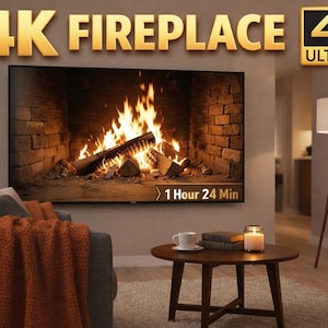 Könnte beinhalten: Wohnzimmerszene mit einem großen Bildschirm, der ein 4K-Kaminfeuer-Video zeigt. Über dem Bildschirm steht der Text "4K FIREPLACE". Die Szene umfasst ein Sofa, eine Decke und einen Beistelltisch.