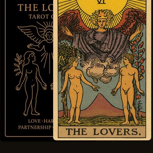 May include: Tarot card featuring a nude couple beneath an angel with outstretched wings, with a sunburst background. The card is labeled "THE LOVERS" and "VI". A second card shows a silhouette of a nude couple and the words "THE LOVERS" and "LOVE. HARMONY. PARTNERSHIP."
