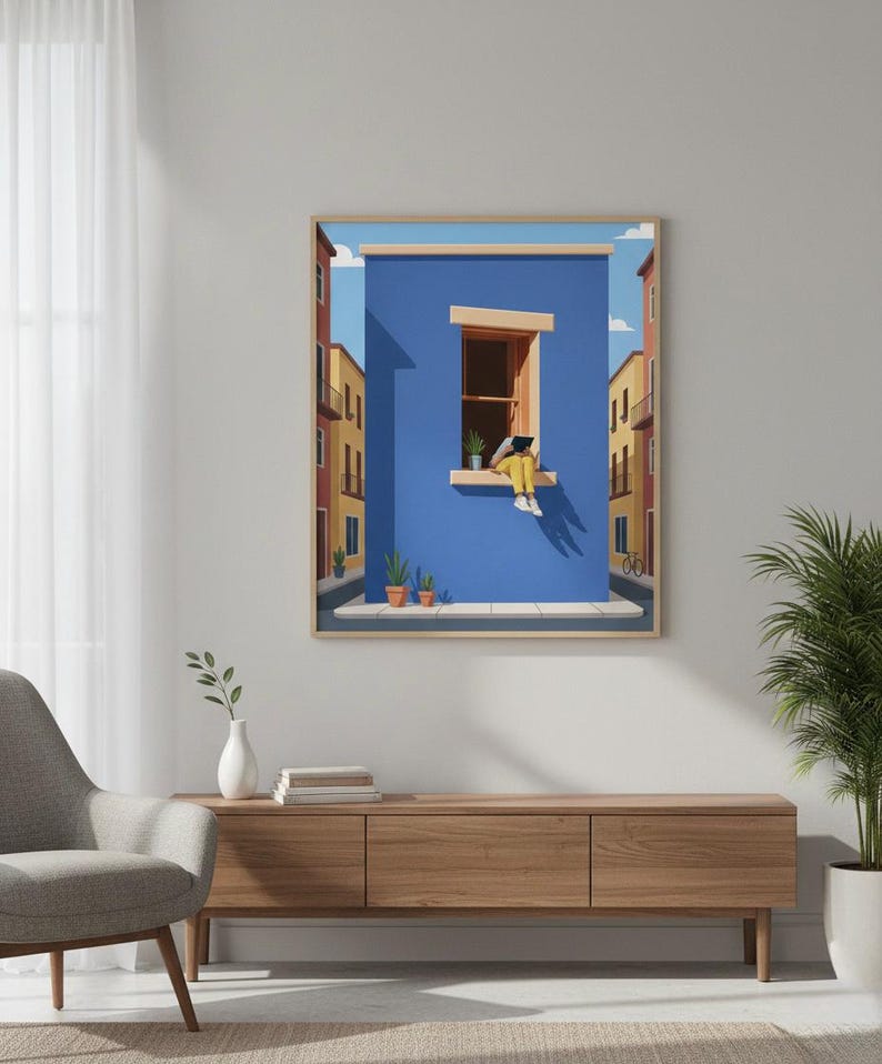 May include: A framed art print depicts a person sitting in a window, working on a laptop. The building is painted blue, with yellow and red buildings on either side. The person wears yellow pants and the scene is set in a sunny, outdoor environment.