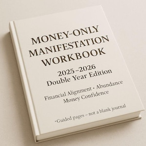 May include: A cream-colored workbook titled "MONEY-ONLY MANIFESTATION WORKBOOK" with the text "2025-2026 Double Year Edition." Additional text includes "Financial Alignment, Abundance, Money Confidence" and "Guided pages - not a blank journal."