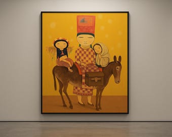 Folk Art Family Illustration Print, Warm Yellow Nursery Decor (Digital Download)
