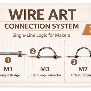 May include: A diagram illustrating the Wire Art Connection System, Maker Edition. It features three wire art connection designs: a straight bridge (M1), a half-loop connector (M3), and an offset return (M7). The text "Single-Line Logic for Makers" is also present.