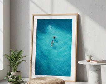 Turquoise Ocean Swimmers Print, Minimal Coastal Art (Digital Download)
