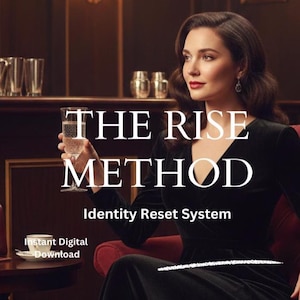 Puede incluir: Una mujer con un vestido negro está sentada en un sillón rojo, sosteniendo un vaso de agua. El texto "THE RISE METHOD Identity Reset System" se muestra en blanco. Un bolso rojo y una taza y platillo están sobre una mesa.