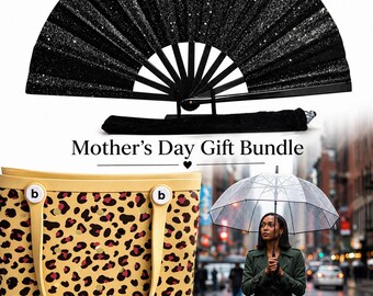 Black Glitter Fan, Clear Umbrella, Leopard Tote Bag Bundle