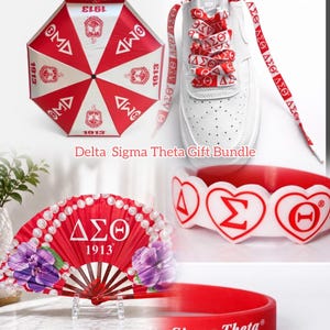 May include: A collection of Delta Sigma Theta themed items. Includes a red and white umbrella, a white sneaker with red and white laces, a red fan with purple floral accents, a white heart-shaped bracelet, and a red wristband.
