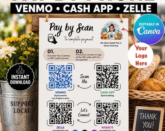 Farmers Market Payment Sign Template | Venmo Cash App Zelle QR Code Sign | Editable Canva Vendor Booth Sign | Small Business Payment Display