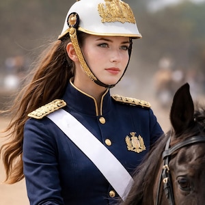 May include: A person wearing a navy blue military uniform with gold accents and a white sash, riding a dark horse. The uniform includes a white helmet with gold trim and a gold spike. The person is wearing white gloves.