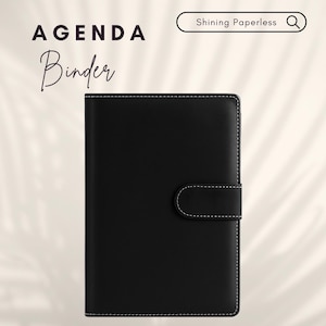 Puede incluir: Carpeta de agenda negra con costuras blancas y cierre magnético. Las palabras "AGENDA" y "Binder" están escritas en una fuente elegante. El texto "Shining Paperless" está en una barra de búsqueda.