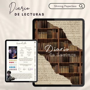 Puede incluir: Dos tabletas digitales que muestran un diario de lectura. La tableta más grande muestra un fondo de estantería con el texto Diario de Lectura. La tableta más pequeña muestra una plantilla de reseña de libro de Harry Potter con estrellas.
