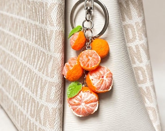 Mandarin Orange Keychain, Citrus Fruit Purse Charm, Polymer Clay Charm, Summer Handbag Accessory
