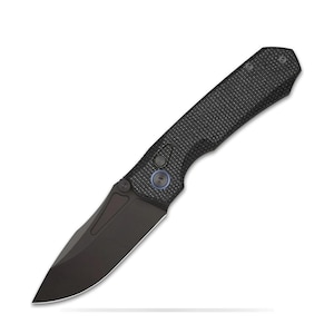 May include: A black folding knife with a textured handle and a black blade. The handle has a carbon fiber pattern, and the blade has a sharp, angled edge. The knife features a blue accent around the button.