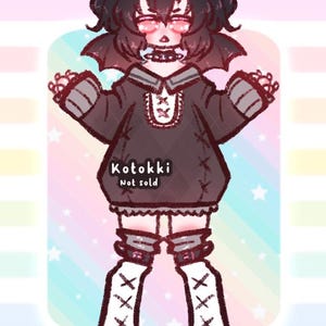 May include: Illustration of a character with a bat-like appearance, featuring black hair, cat ears, and a skull-like face. The character wears a dark gray dress with a white collar and cuffs, and white socks with black crosses. The text "Kotokki Not sold" is visible.