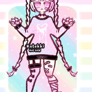 May include: A digital illustration of a character with bunny ears, pink eyes, and long braids. The character wears a pink sweater with a heart design and has bandages on their legs. The text "Kotokki Not sold" is visible.