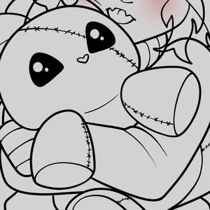 May include: A black and white line art illustration featuring a character holding a plush rabbit toy with stitched details, large dark eyes, and a small heart-shaped nose. The text Base by Kotokki is visible in the bottom left corner of the image.