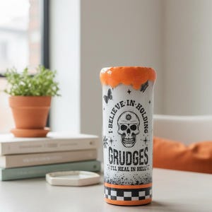I Believe in Holding Grudges Tumbler 20oz – Heal in Hell Cup, Silver Glitter Epoxy Tumbler, Orange Drip, Funny Sarcastic Gift