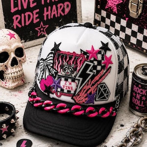 I'm Fine Raccoon Trucker Hat – Checkered Snapback, Emo Streetwear Cap, Grunge Accessory