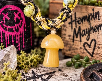 Yellow Mushroom Hemp Necklace | Handmade Boho Woodland Jewelry | Alternative Nature Necklace