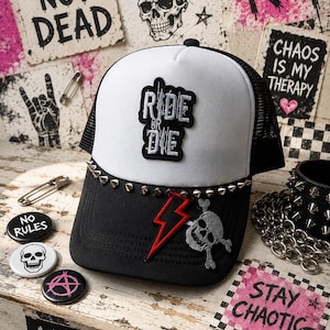 Studded Trucker Hat with Skull Patch, Black & White Punk Rock Snapback