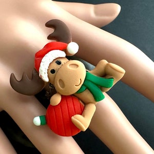 Christmas Reindeer Ring. Holiday Ring. Christmas Deer Ring. Red Christmas Ring. Bronze Ring. Filigree Adjustable Ring. Handmade Jewelry.