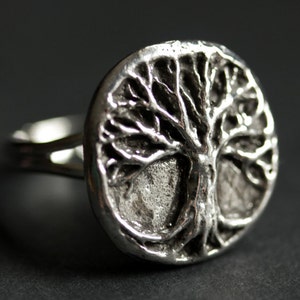 Tree of Life Ring. Tree Ring. Pewter Ring. Adjustable Ring. Silver RIng. Handmade Ring. Pewter Button Ring. Handmade Jewelry. image 1