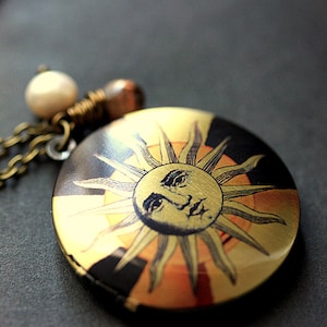 Celestial Necklace. Sun Locket Necklace. Bronze Locket with Glass Teardrop and Fresh Water Pearl. Bronze Sun Necklace. Handmade Jewelry.
