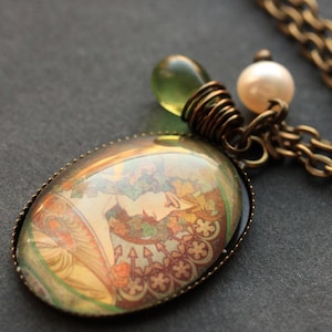 Ivy Necklace. Alphonse Mucha Pendant with Green Teardrop and Fresh Water Pearl. Oval Charm Necklace. Art Nouveau Jewelry. Handmade Jewelry.