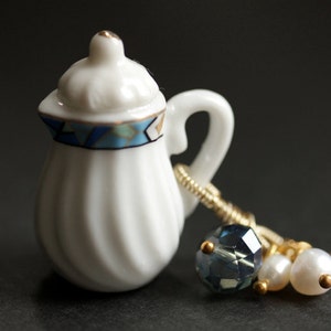 Porcelain Teapot Necklace. Geometric Tea Pot Necklace with Blue Crystal and Pearl Charms. Blue Necklace. Gold Necklace. Handmade Jewelry.