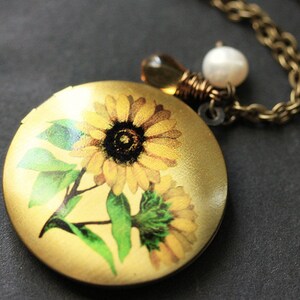 Sun Flower Necklace. Sunflower Locket Necklace. Sunflower Necklace. Bronze Necklace with Honey Hued Teardrop and Pearl. Handmade Jewelry.
