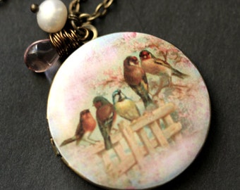 Summer Garden Necklace. Bird Family Locket Necklace. Bird Necklace. Bronze Necklace with Pink Teardrop and Fresh Water Pearl.