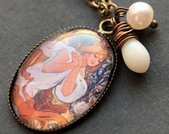 Spring Necklace. Alphonse Mucha Pendant with Coral Teardrop and Fresh Water Pearl. Oval Charm Necklace. Seasons Jewelry. Handmade Jewellery.